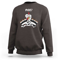 Charcoal crewneck sweatshirt with turkey-cow graphic and 'moo?' print