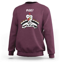 Maroon crewneck sweatshirt with turkey-cow graphic and 'moo?' print
