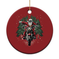 Red round motorcycle Santa Christmas ornament with gold hanging loop