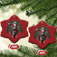 Red bell and red heart-shaped motorcycle Santa Christmas ornaments with gold loops