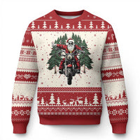 Red and cream motorcycle Santa ugly Christmas sweater with tree-and-bike rider print