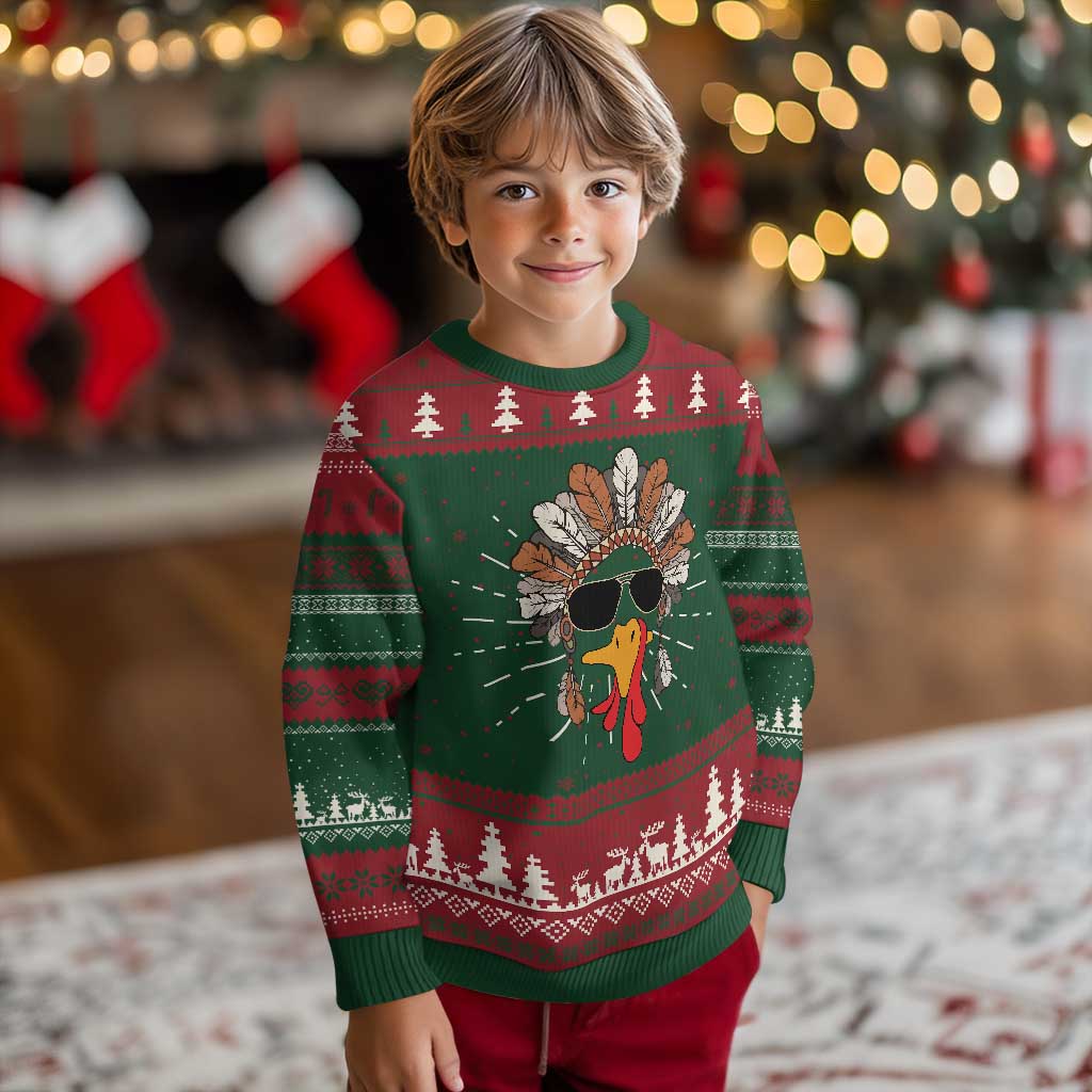 Kids knitted crewneck sweatshirt with turkey graphic, Christmas fair isle pattern