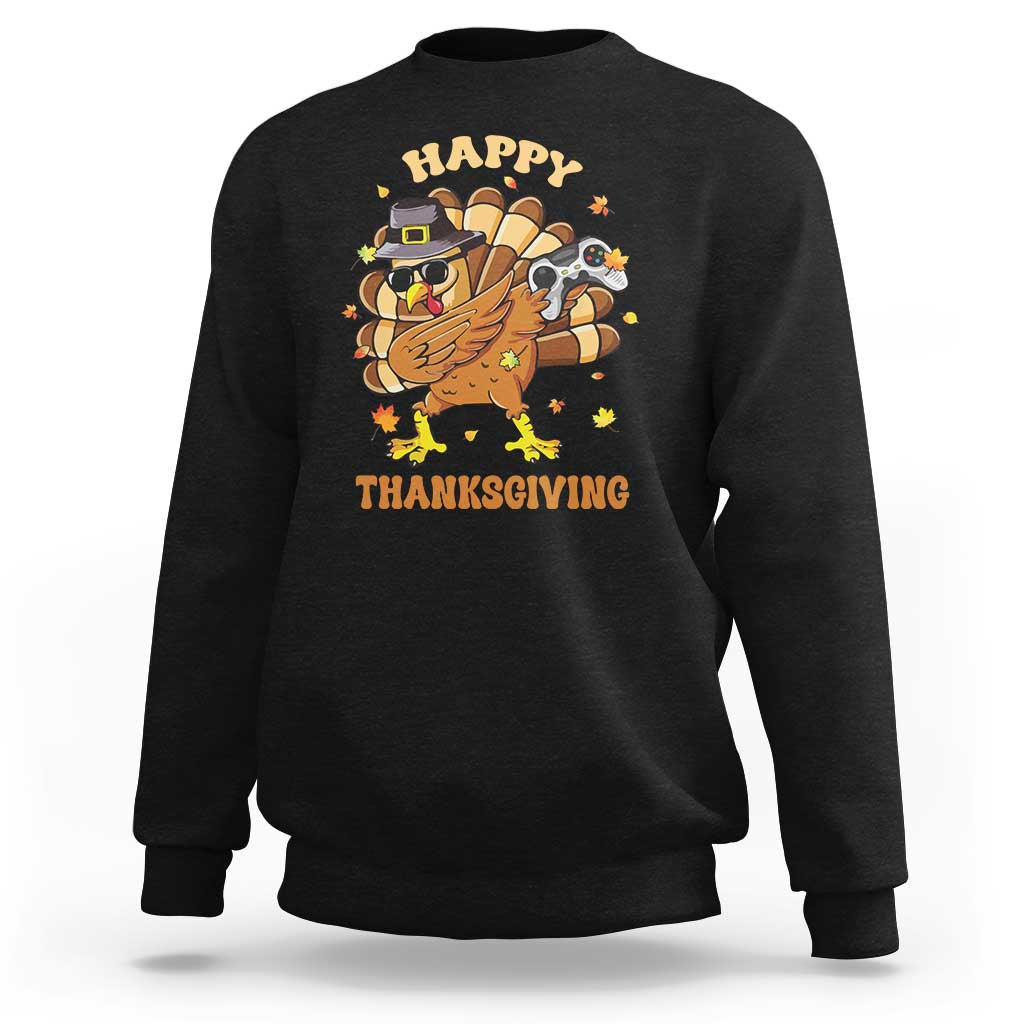 Black sweatshirt with cartoon turkey gamer Thanksgiving graphic