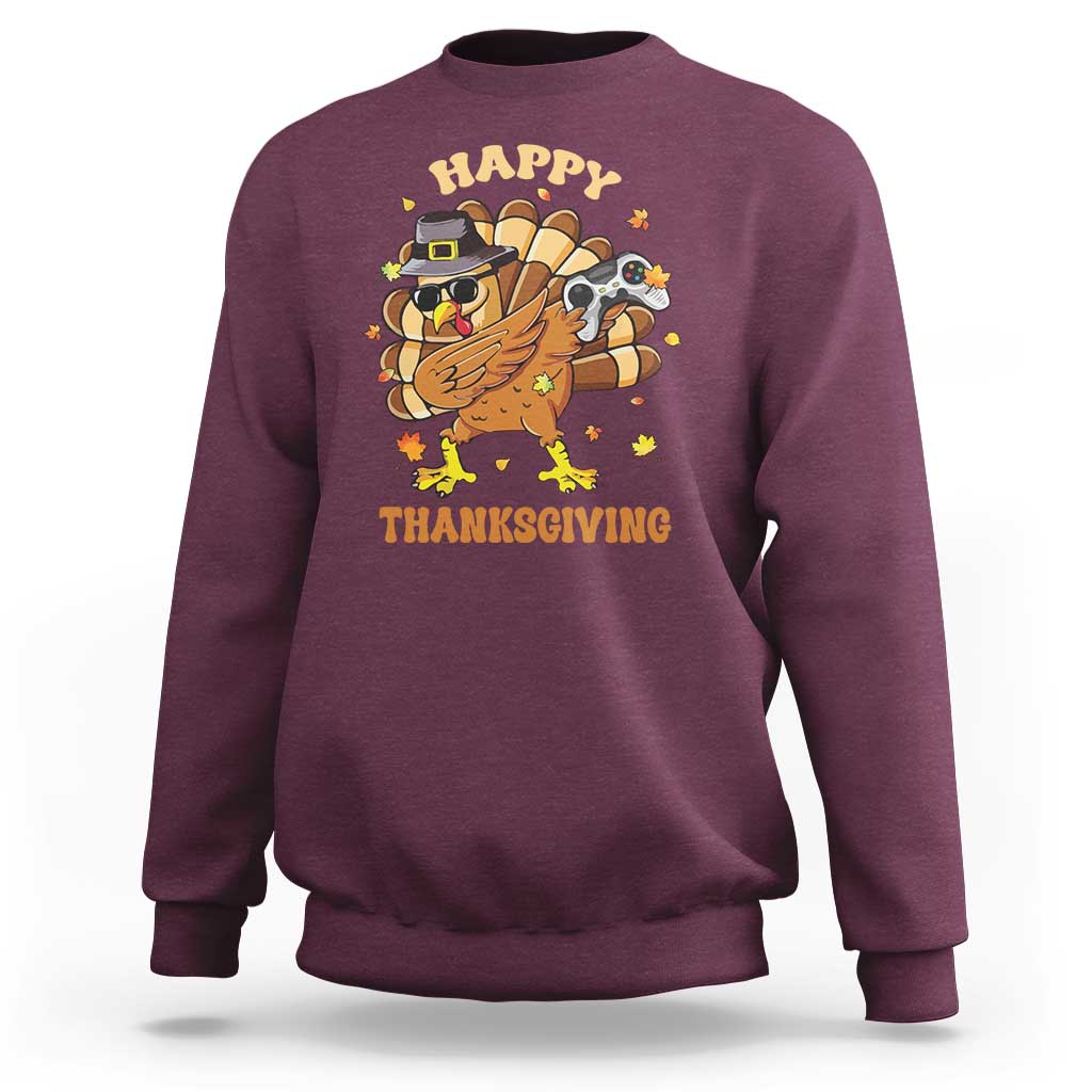Maroon sweatshirt with cartoon turkey gamer Thanksgiving graphic
