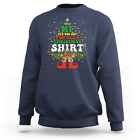 Navy ugly Christmas sweatshirt with colorful elf and holiday text graphic on chest