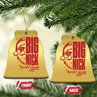 Set of two gold bell-shaped ornaments with red Santa face and text “BIG NICK energy”.