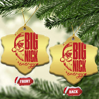 Set of two gold heart-shaped ornaments with red Santa face and text “BIG NICK energy”.