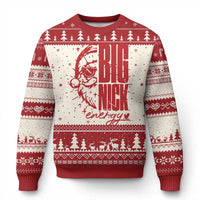 Red and cream Christmas sweater with striped fair isle pattern and Santa graphic