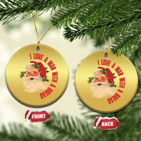 Pair of gold round Santa Christmas ornaments with red love message; front and back shown