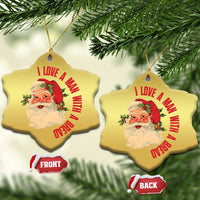 Two gold star-shaped Santa Christmas ornaments with red love message and Santa portrait