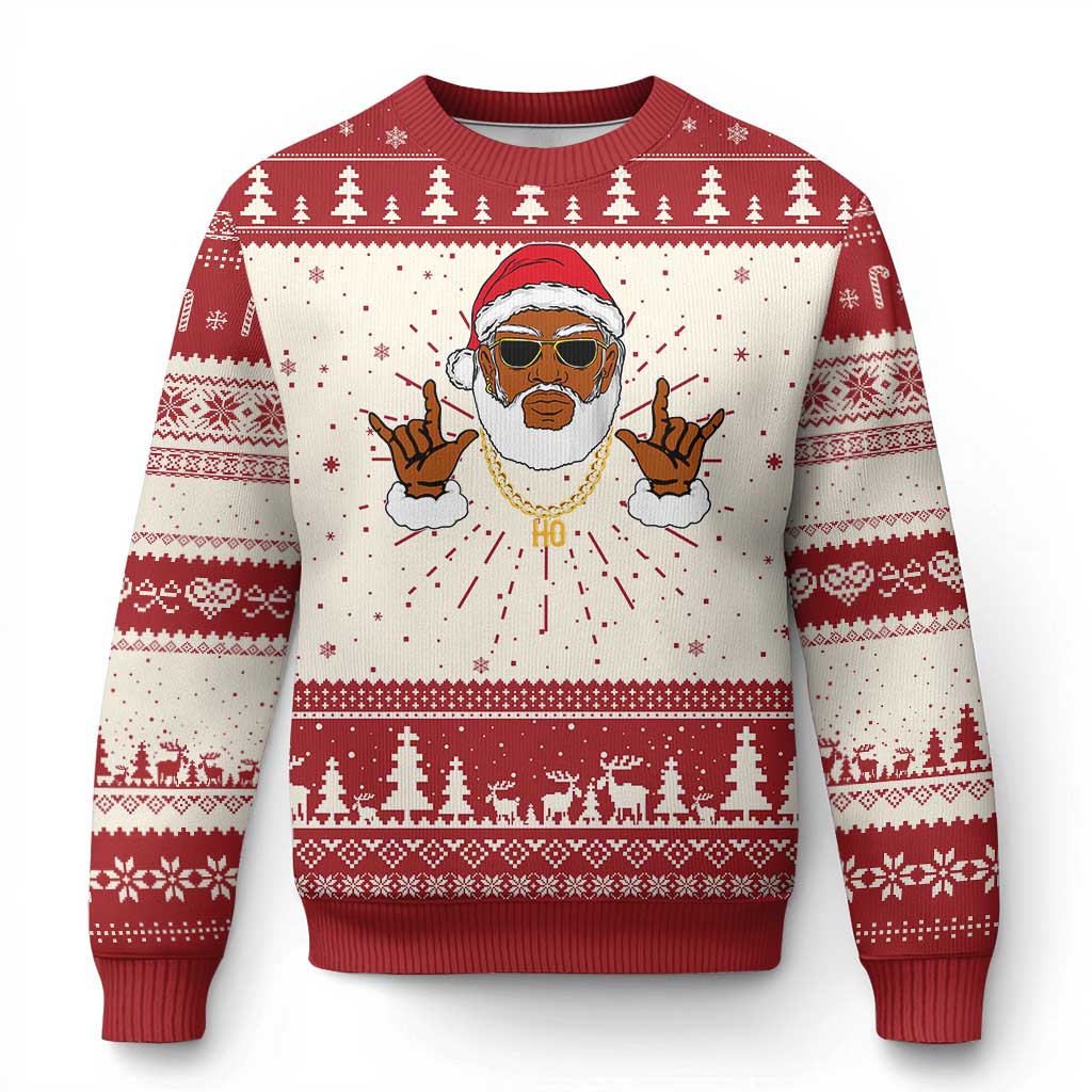 Ugly Christmas sweater, cream knit with red trim; Santa graphic with sunglasses front