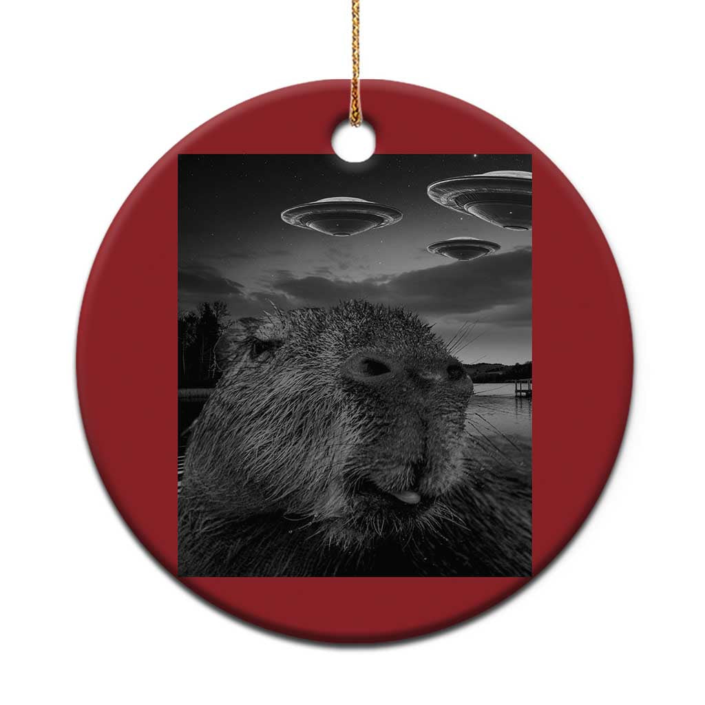 Funny Graphic Capybara Selfie with UFOs Weird Christmas Ornament - Wonder Print Shop