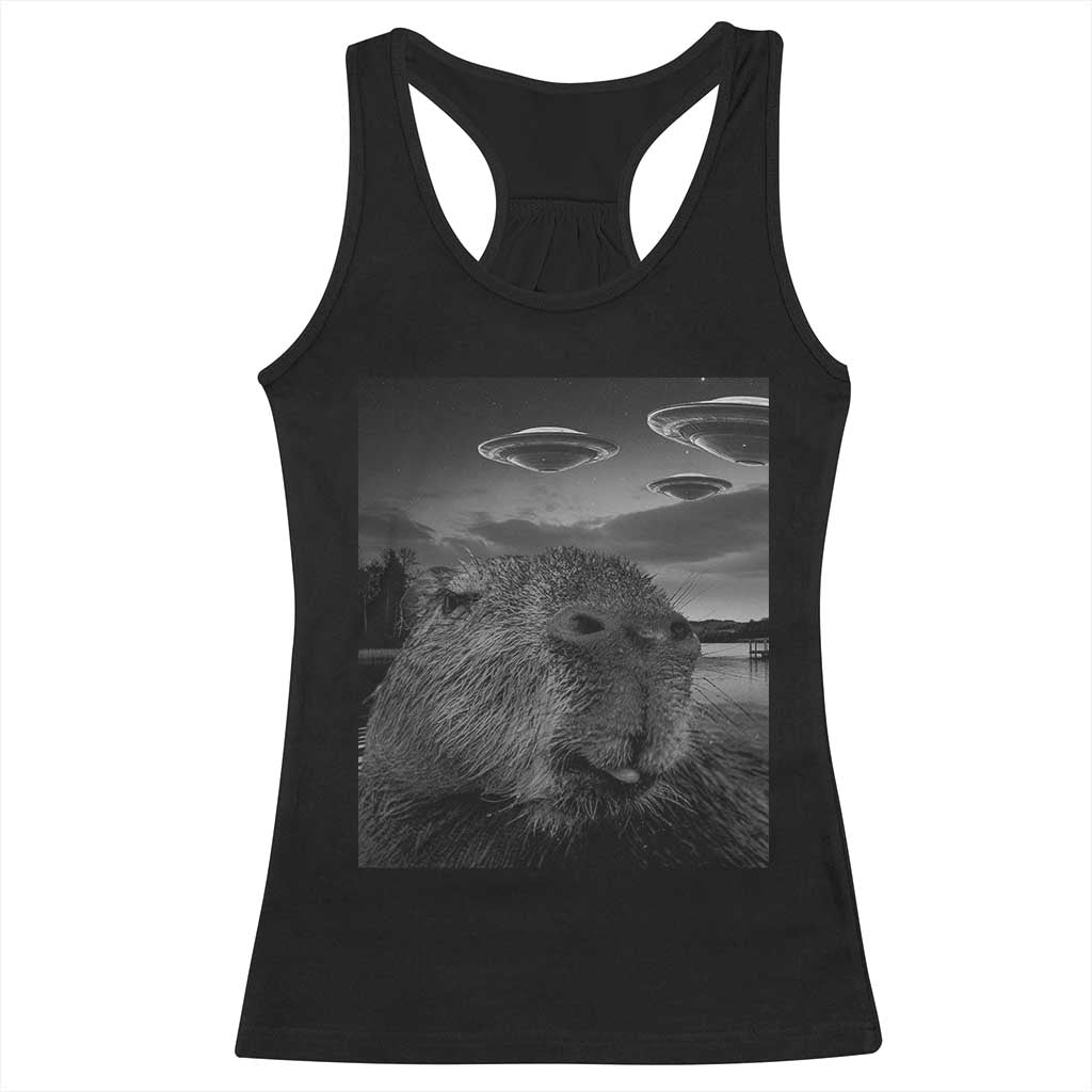 Funny Graphic Capybara Selfie with UFOs Weird Racerback Tank Top