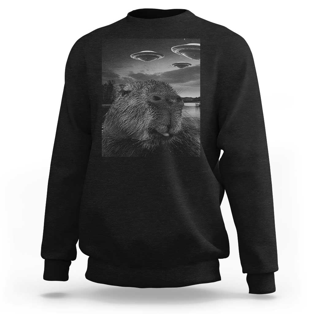Black crewneck sweatshirt with capybara selfie graphic and UFOs print
