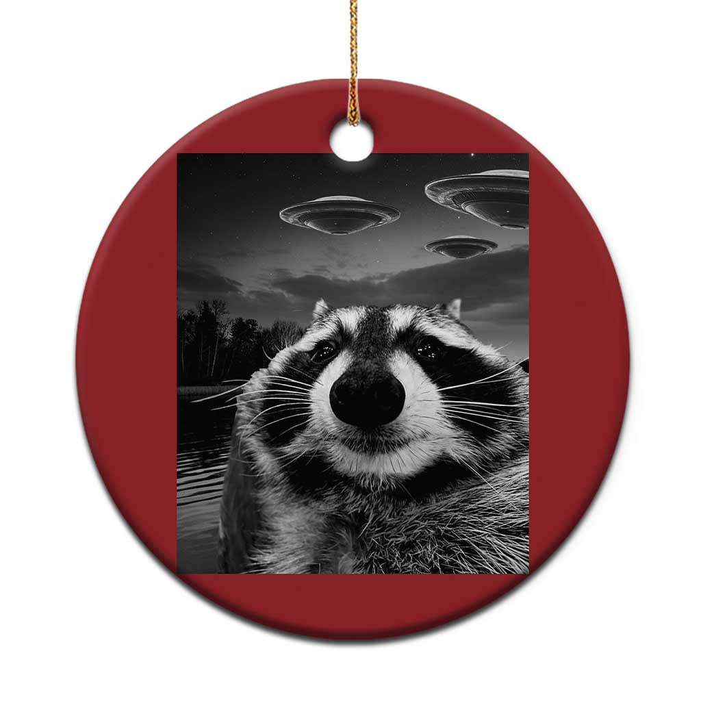 Funny Graphic Racoon Selfie with UFOs Weird Christmas Ornament - Wonder Print Shop