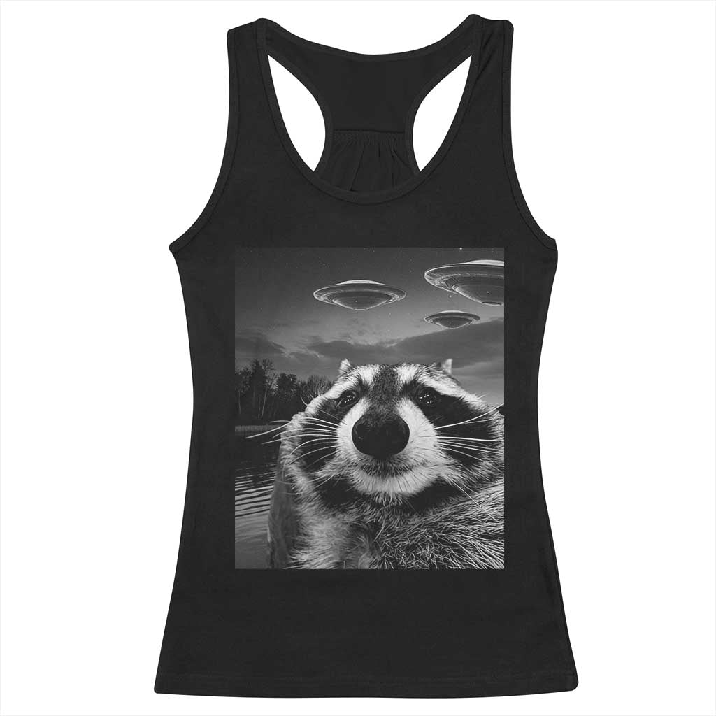 Funny Graphic Racoon Selfie with UFOs Weird Racerback Tank Top