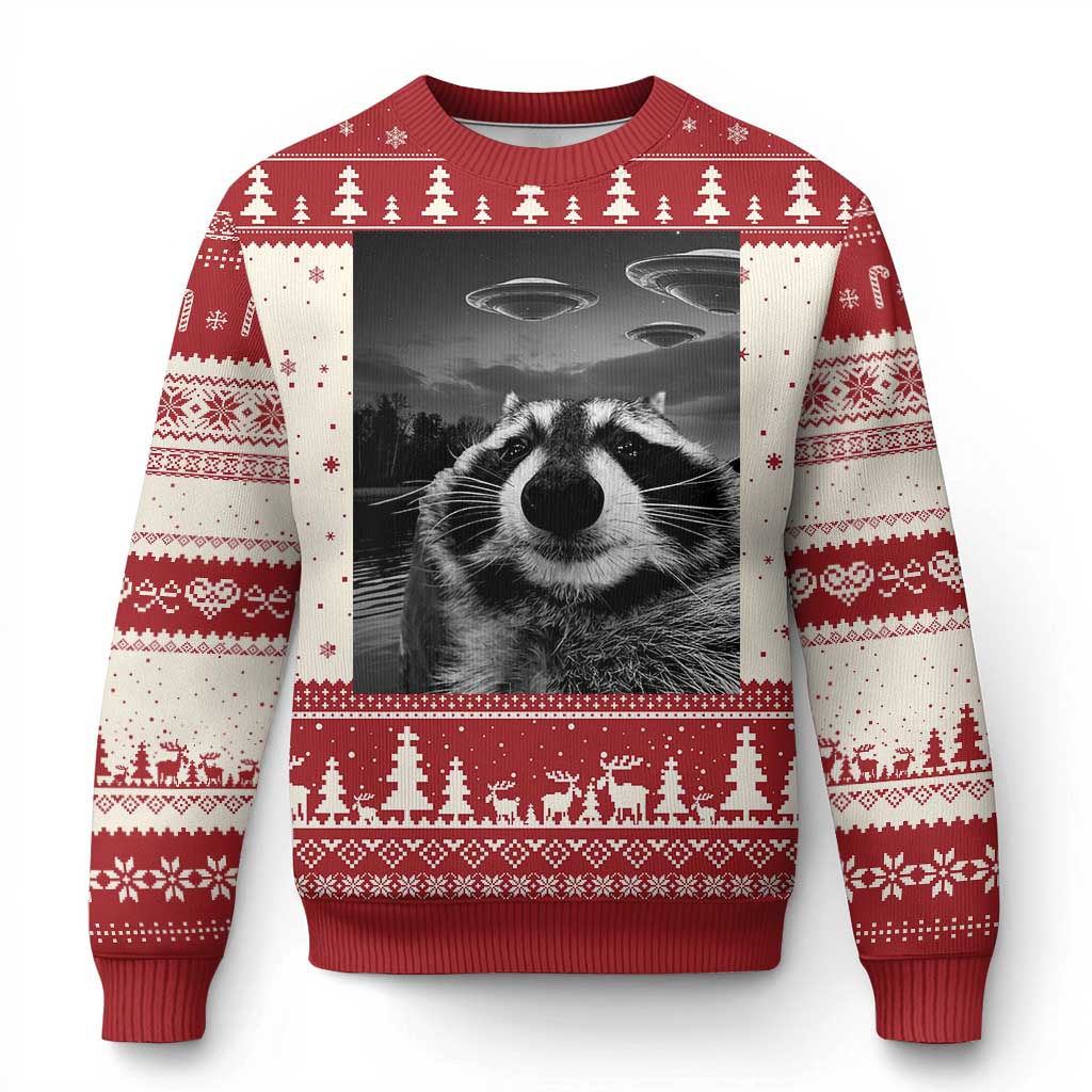 Red Christmas sweater with raccoon selfie graphic panel, UFO saucer print