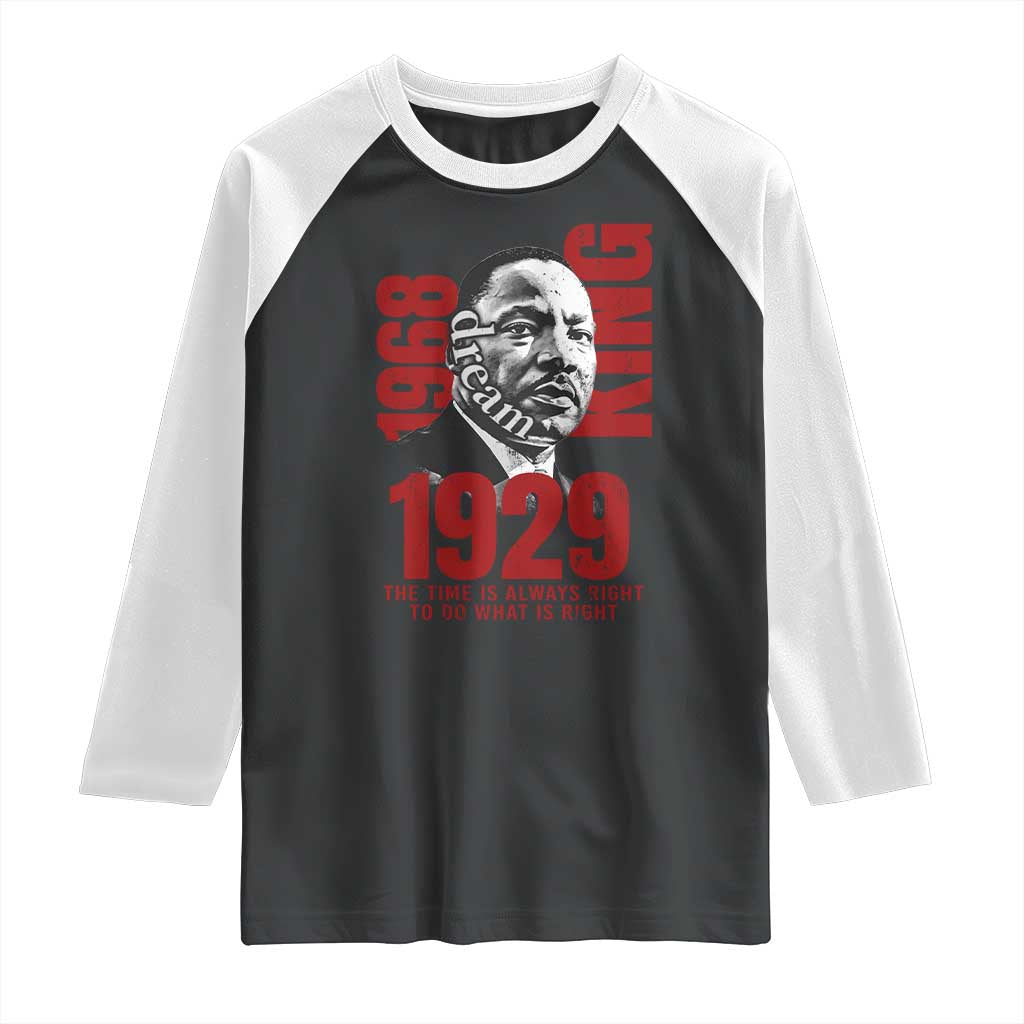 Black raglan shirt with white sleeves, MLK graphic and '1929' print on front