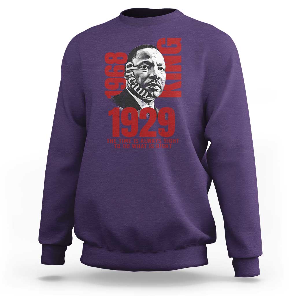Purple sweatshirt with large front portrait graphic and red 1929 text, crew neck long sleeves