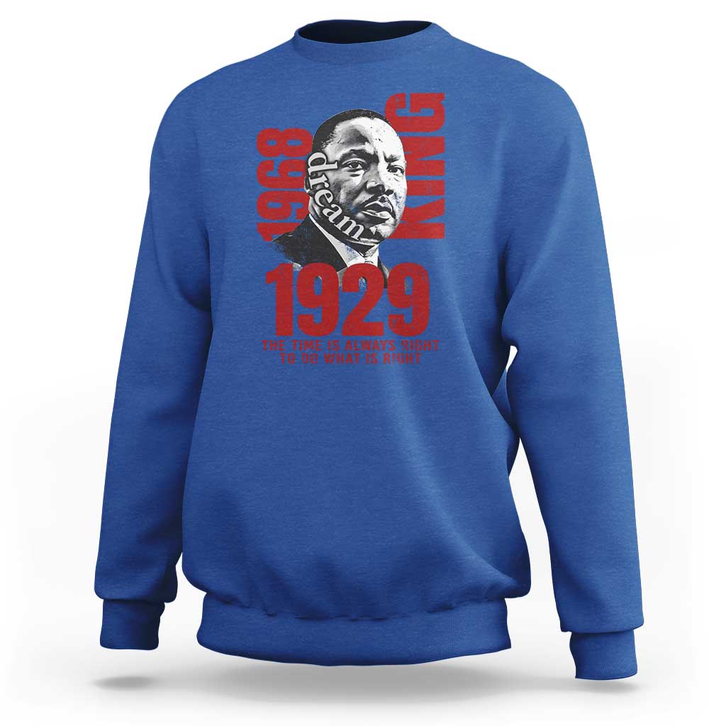 Royal blue sweatshirt with large front portrait graphic and red 1929 text, crew neck long sleeves