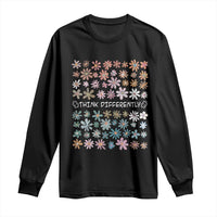Black long-sleeve shirt with floral 'THINK DIFFERENTLY' front graphic.