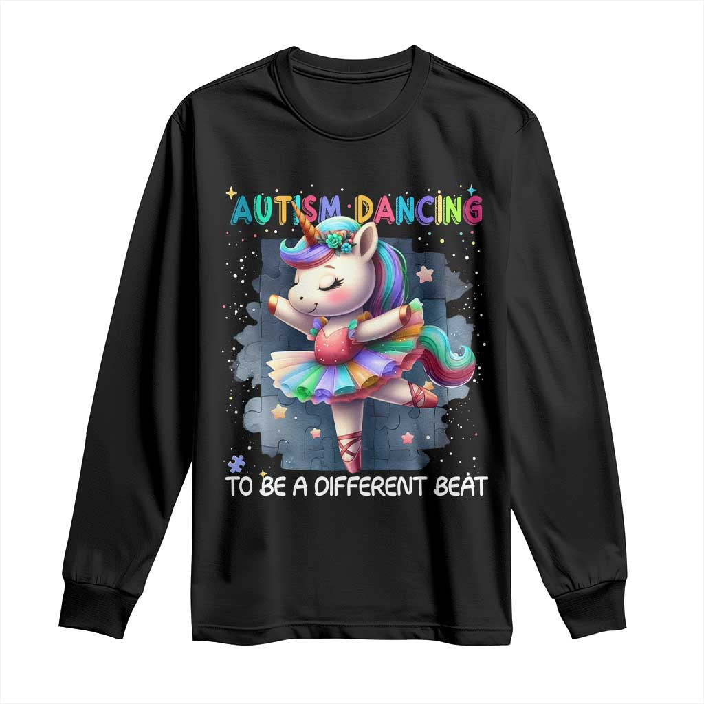 Black long-sleeve shirt with unicorn ballet dance graphic, crew neck
