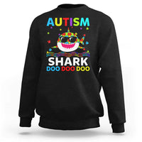 Black crewneck sweatshirt with colorful AUTISM SHARK graphic on front