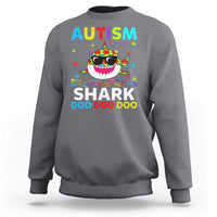 Charcoal gray crewneck sweatshirt with colorful AUTISM SHARK graphic on front