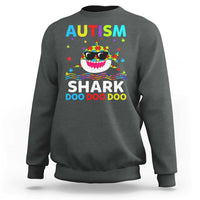 Dark heather crewneck sweatshirt with colorful AUTISM SHARK graphic on front