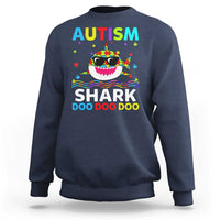 Navy crewneck sweatshirt with colorful AUTISM SHARK graphic on front