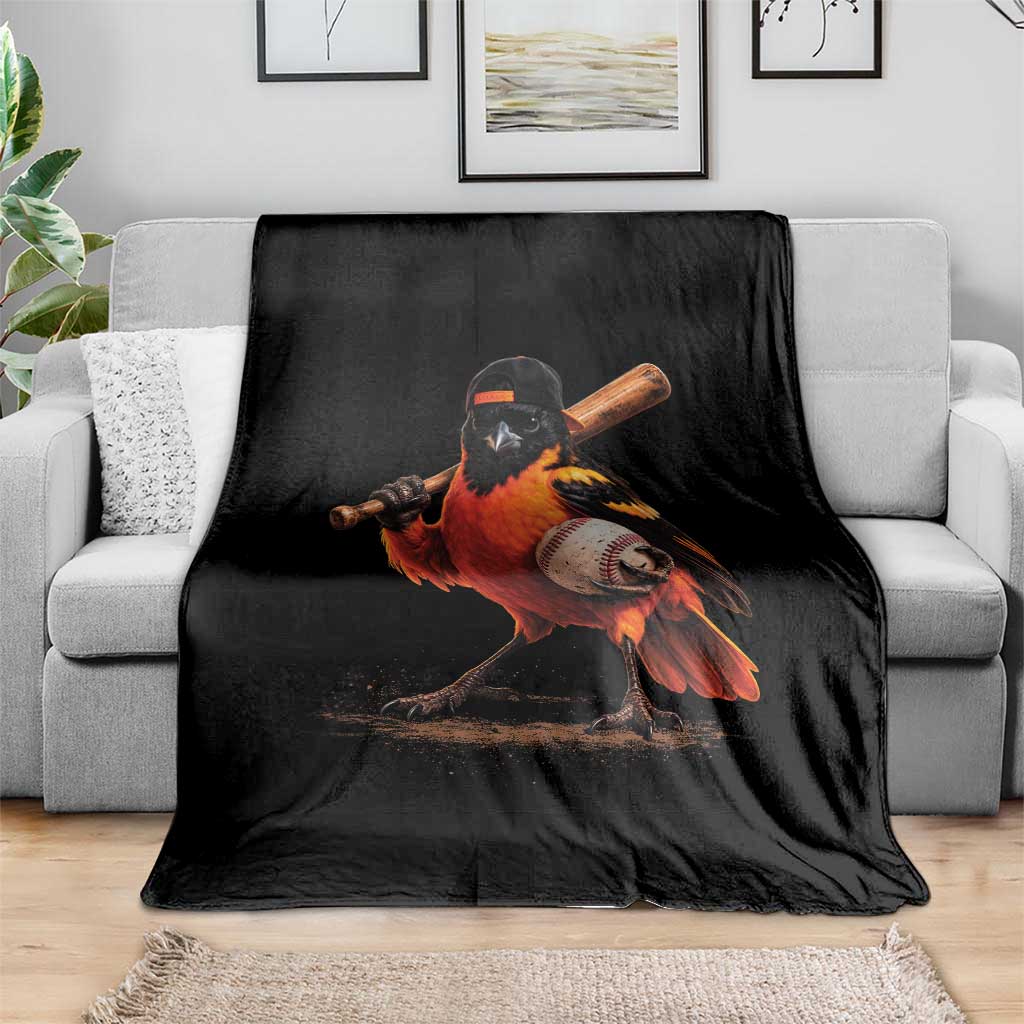 Oriole Baseball Player Throw Blanket Retro Funny Bird Mascot Baseball Fans
