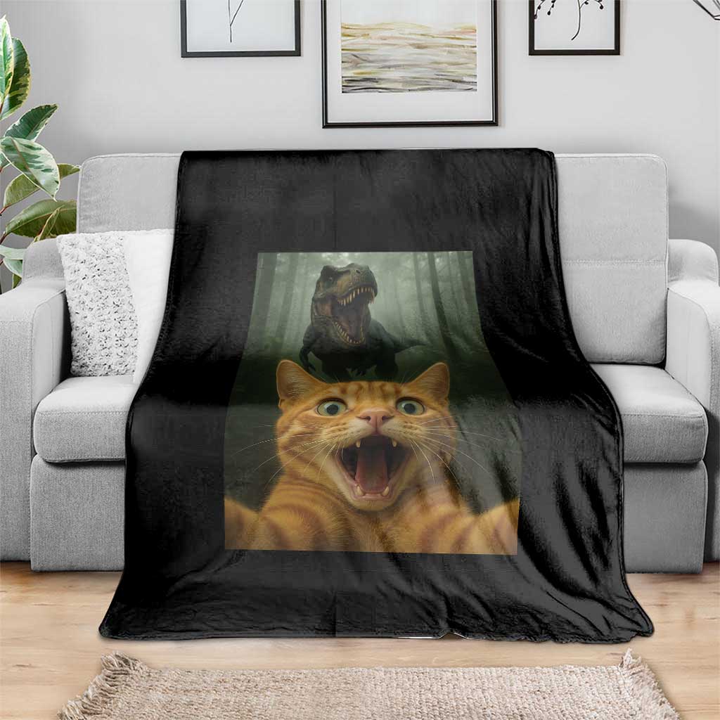 Cat Selfie With Dinosaur Throw Blanket Funny Cat Gifts - Wonder Print Shop