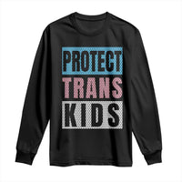 Black long-sleeve T-shirt with Protect Trans Kids graphic in rainbow dots