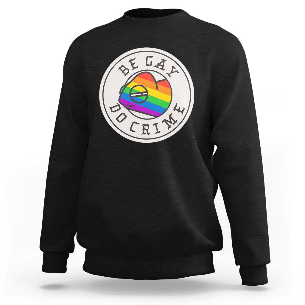 Black crewneck sweatshirt with circular pride chameleon graphic on chest