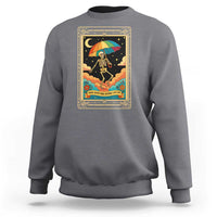 Charcoal gray crewneck sweatshirt with front graphic of rainbow umbrella skeleton