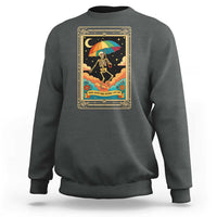 Dark heather gray crewneck sweatshirt with front graphic of rainbow umbrella skeleton