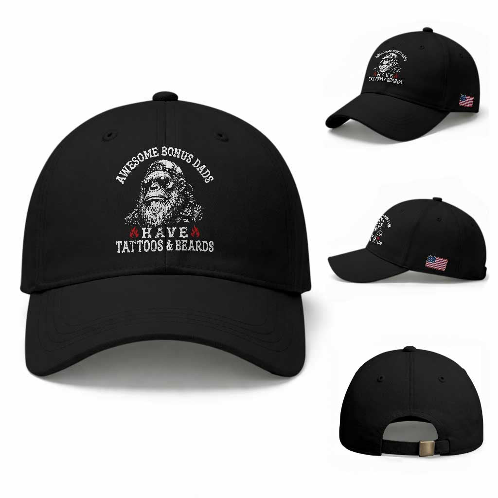 Funny Bigfoot Stepdad Baseball Cap Awesome Bonus Dads Have Tattoos And Beards