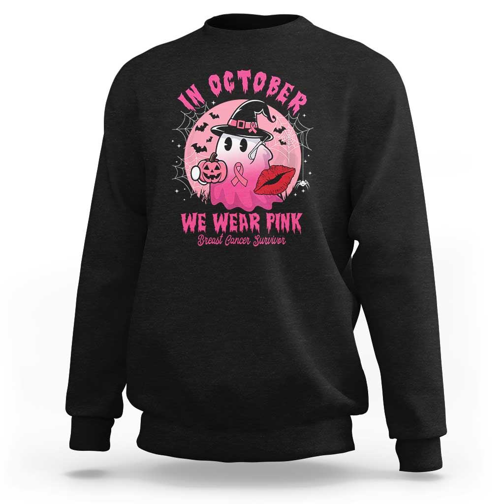 Black breast cancer awareness sweatshirt with 'In October We Wear Pink' ghost graphic
