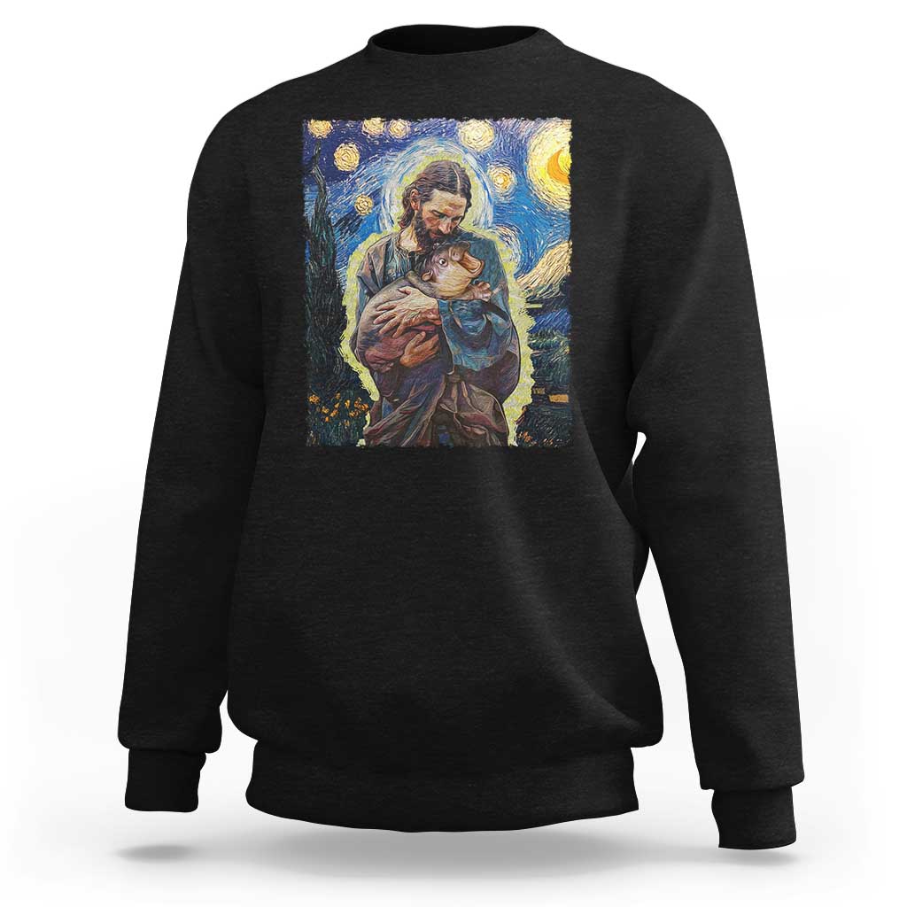Black crewneck sweatshirt with starry Madonna-and-child artwork panel