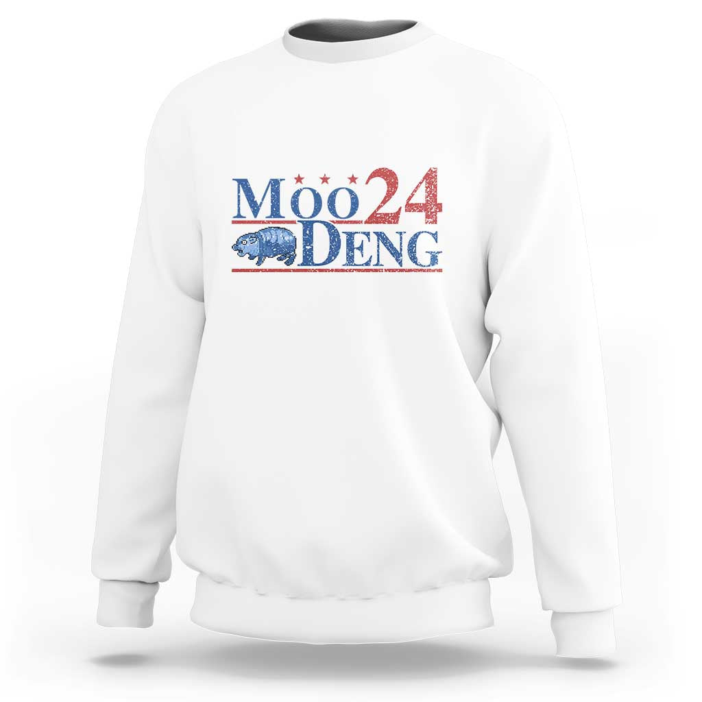 White crewneck sweatshirt with "Moo24 Deng" hippo graphic on the front