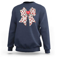 Navy crewneck sweatshirt with large heart bow graphic on the chest
