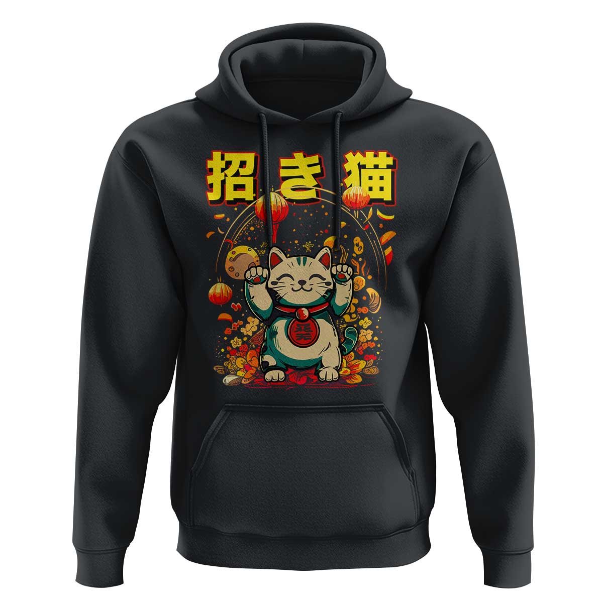 Maneki Neko Hoodie Kawaii Japanese Lucky Cat Waving