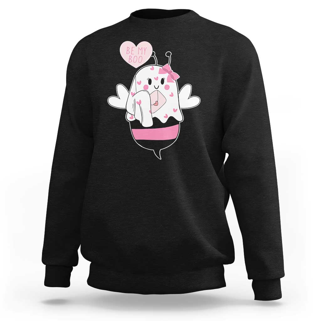 Black crewneck sweatshirt with cartoon ghost “Be My Boo” Valentine graphic on front