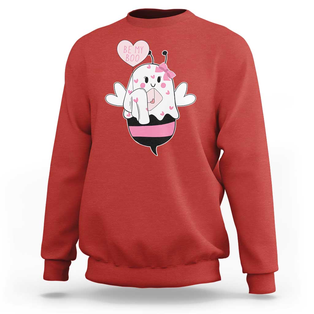Red crewneck sweatshirt with cartoon ghost “Be My Boo” Valentine graphic on front