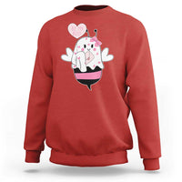Red crewneck sweatshirt with cartoon ghost “Be My Boo” Valentine graphic on front