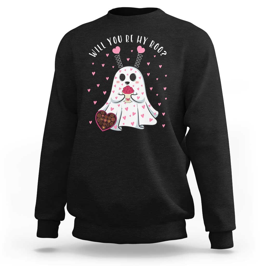 Black ghost Valentine sweatshirt with heart graphic and 'Will you be my boo?' text