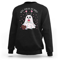 Black ghost Valentine sweatshirt with heart graphic and 'Will you be my boo?' text