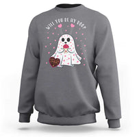 Charcoal ghost Valentine sweatshirt with heart graphic and 'Will you be my boo?' text