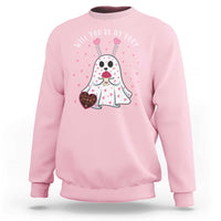 Light pink ghost Valentine sweatshirt with heart graphic and 'Will you be my boo?' text