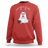 Red ghost Valentine sweatshirt with heart graphic and 'Will you be my boo?' text